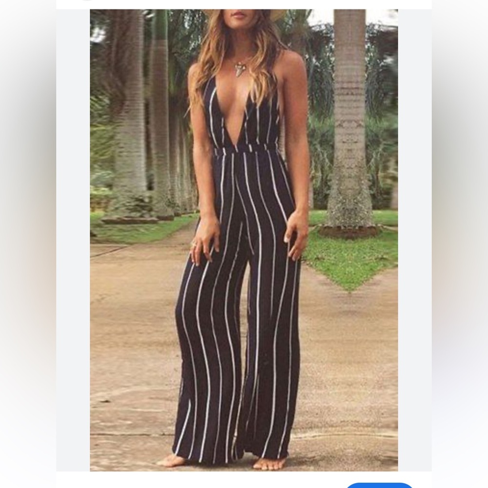 Lani Black Wide-Leg Striped Plunge Jumpsuit